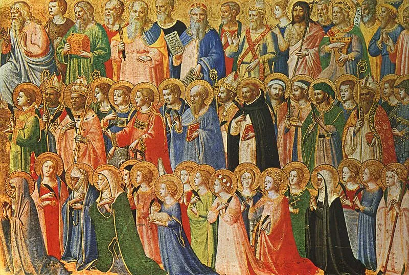 A crowded fifteenth-century painting showing ranks of saints in haloes and coloured robes, martyrs holding palms, standing together in rows
