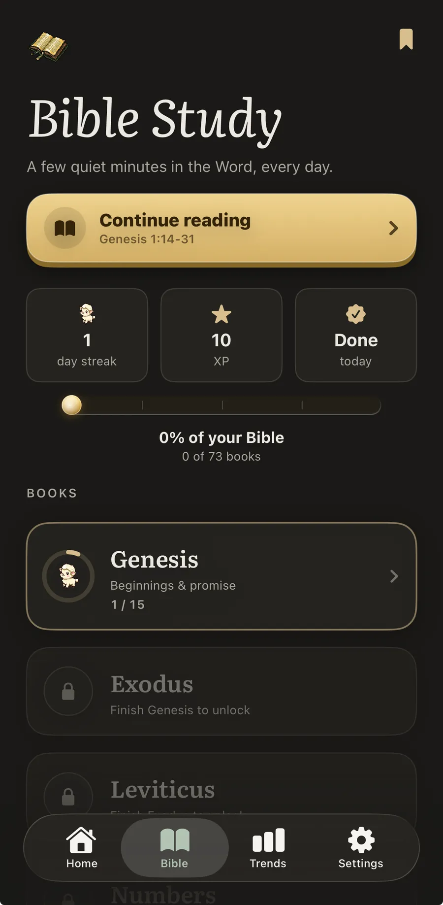 The BlessUp Bible Study screen showing a continue-reading card and progress through the Bible
