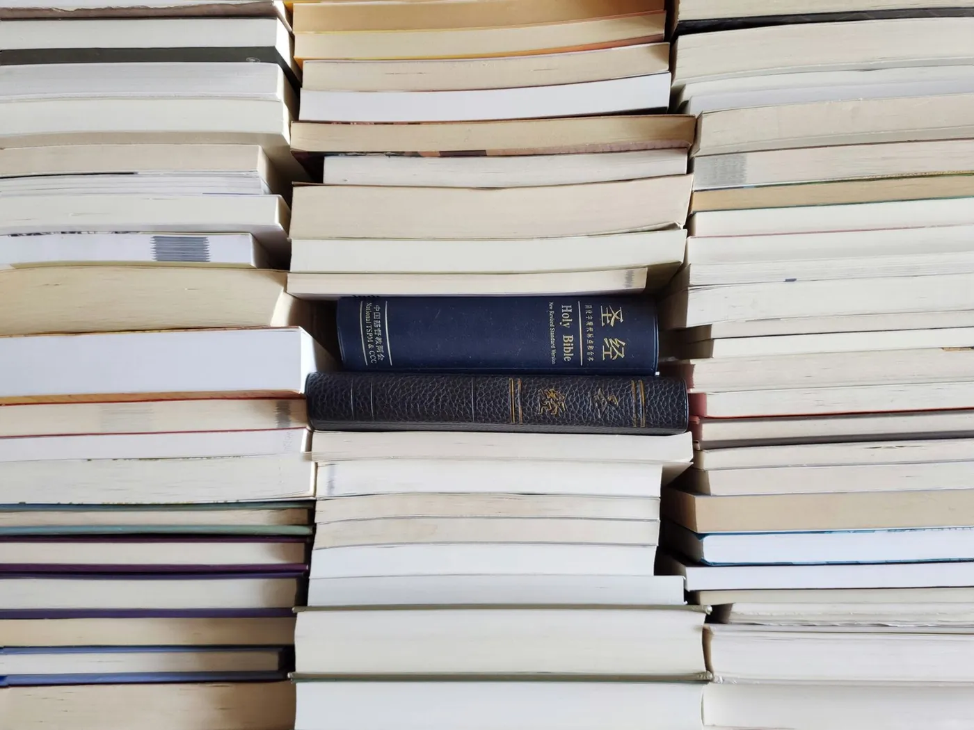 A bilingual Chinese and English New Revised Standard Version Bible wedged spine-out in a tall stack of paperback books