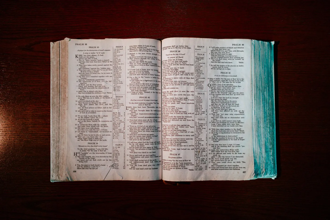 A worn Bible lying open on a dark wooden table, the pages turned to the Psalms