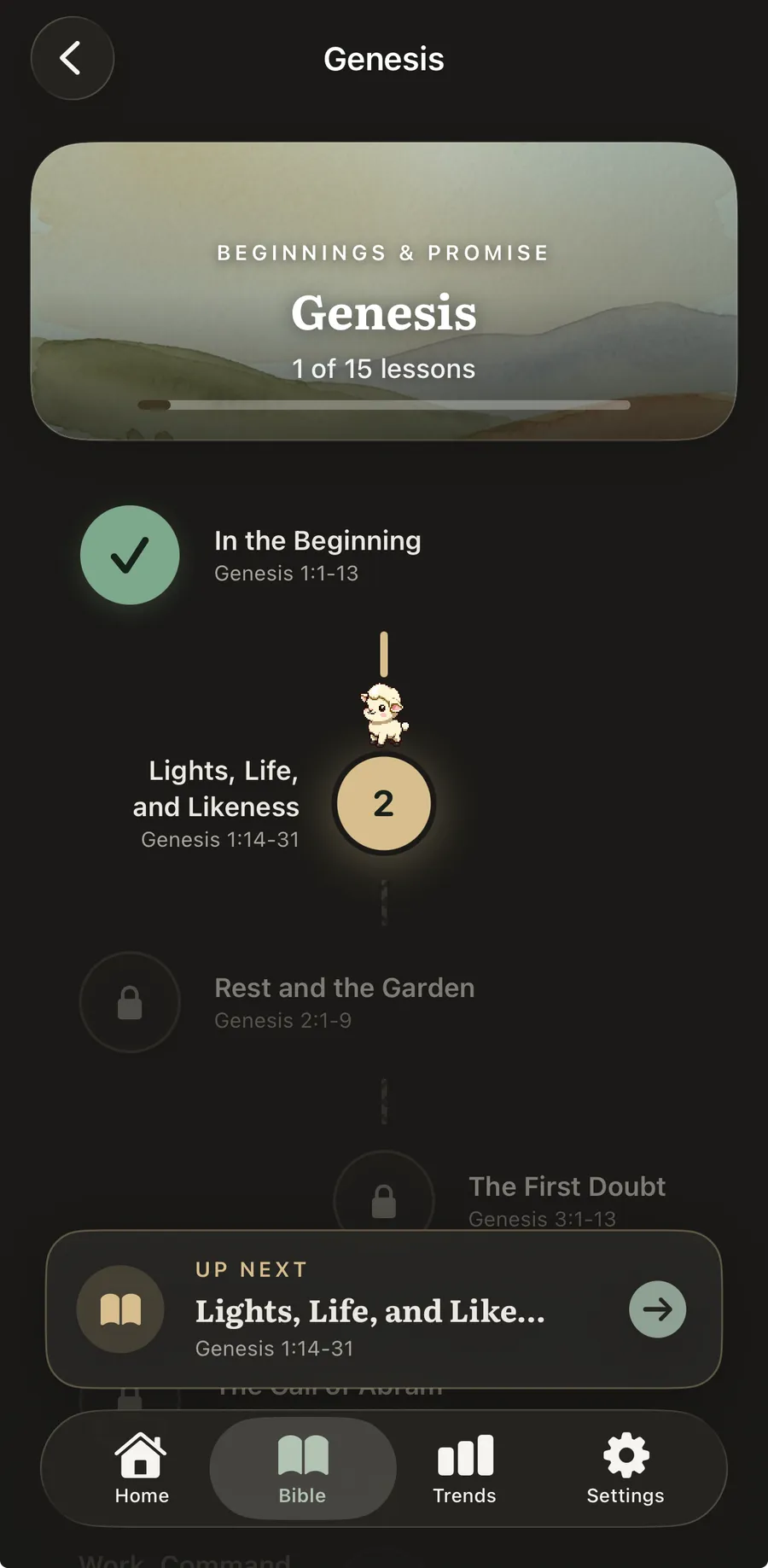 The BlessUp app showing the day's guided reading and its accompanying lesson.