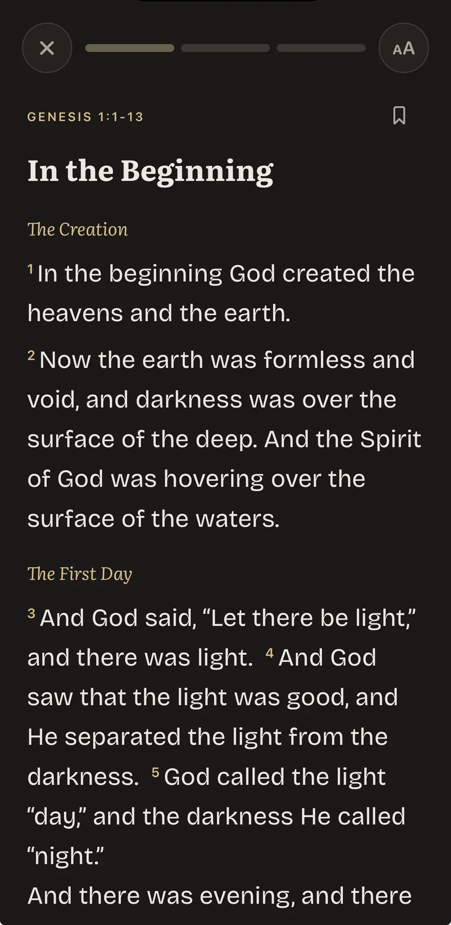 The BlessUp reading view showing Genesis 1:1-13 titled In the Beginning, verse-numbered on a dark page