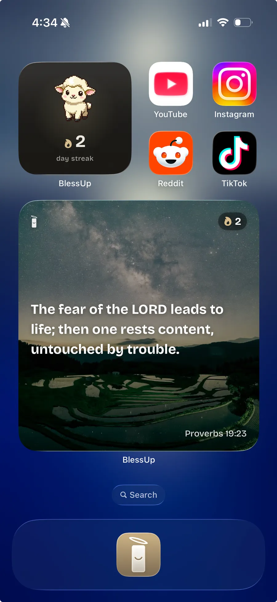An iPhone home screen with BlessUp widgets beside YouTube, Instagram, Reddit and TikTok