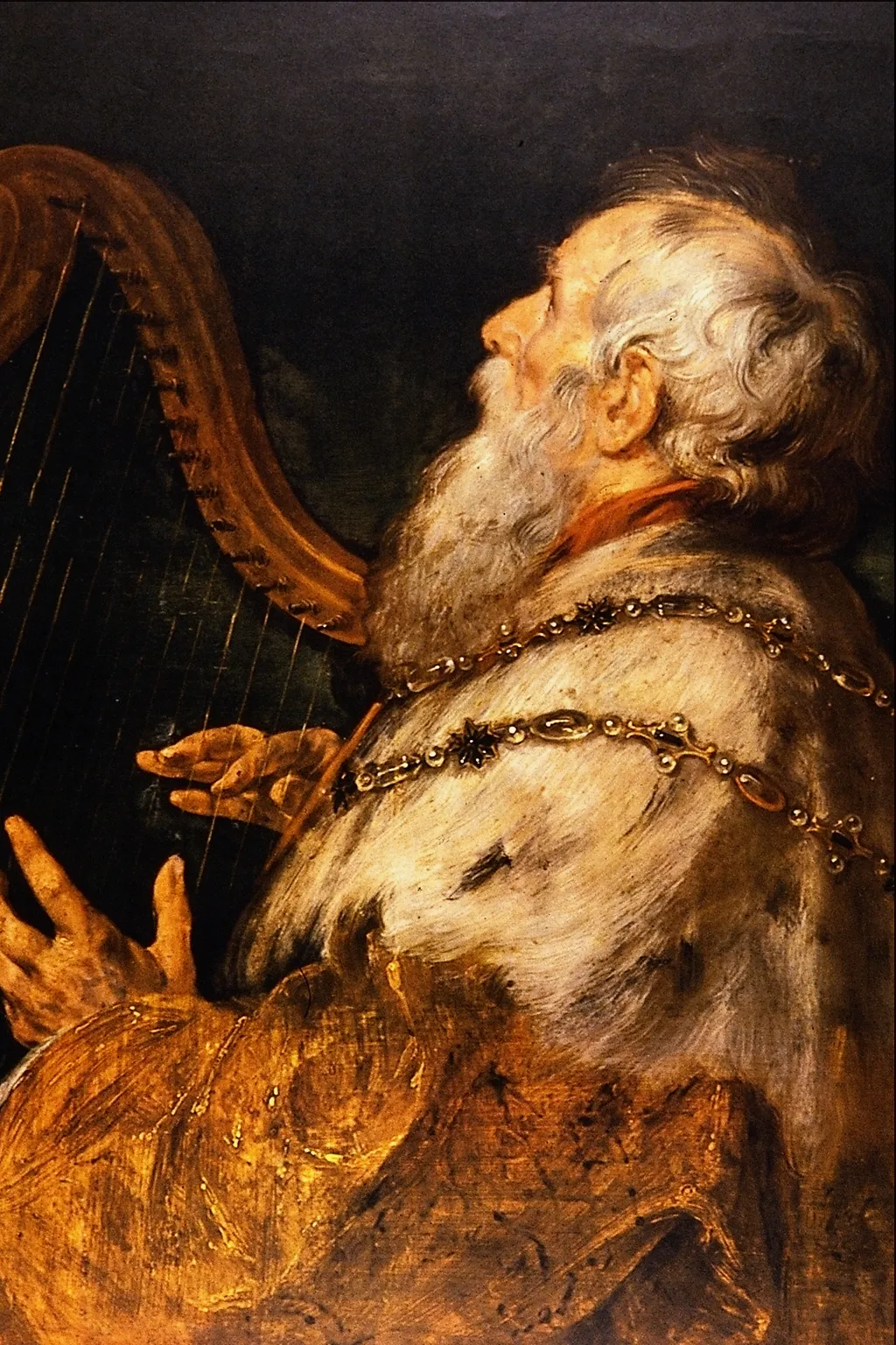 Peter Paul Rubens oil painting of an aged King David in a fur-trimmed robe and jewelled chains, playing a harp with his face lifted