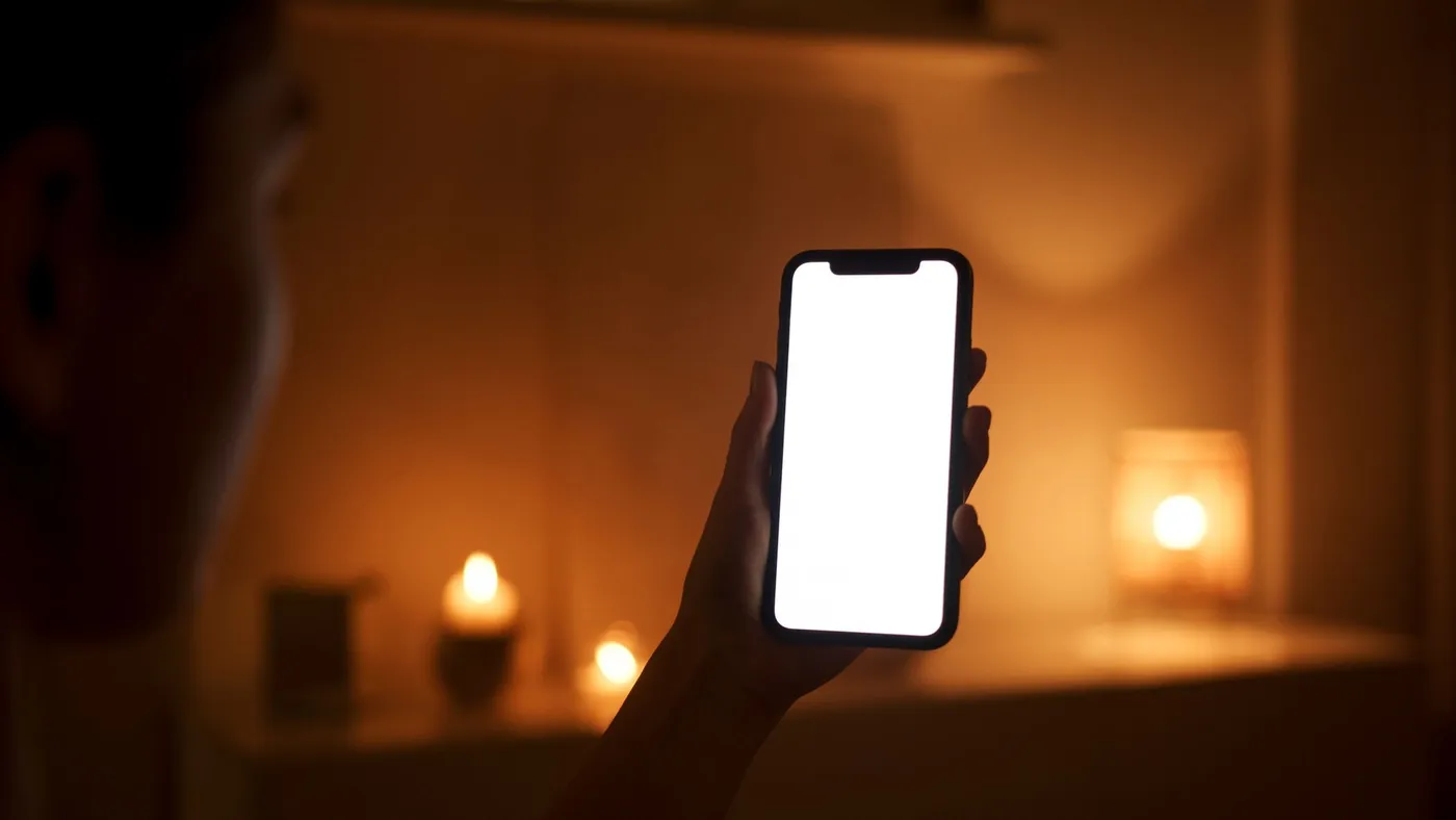 A person silhouetted in a dim candlelit room holding up a phone whose blank screen is the brightest thing in the frame