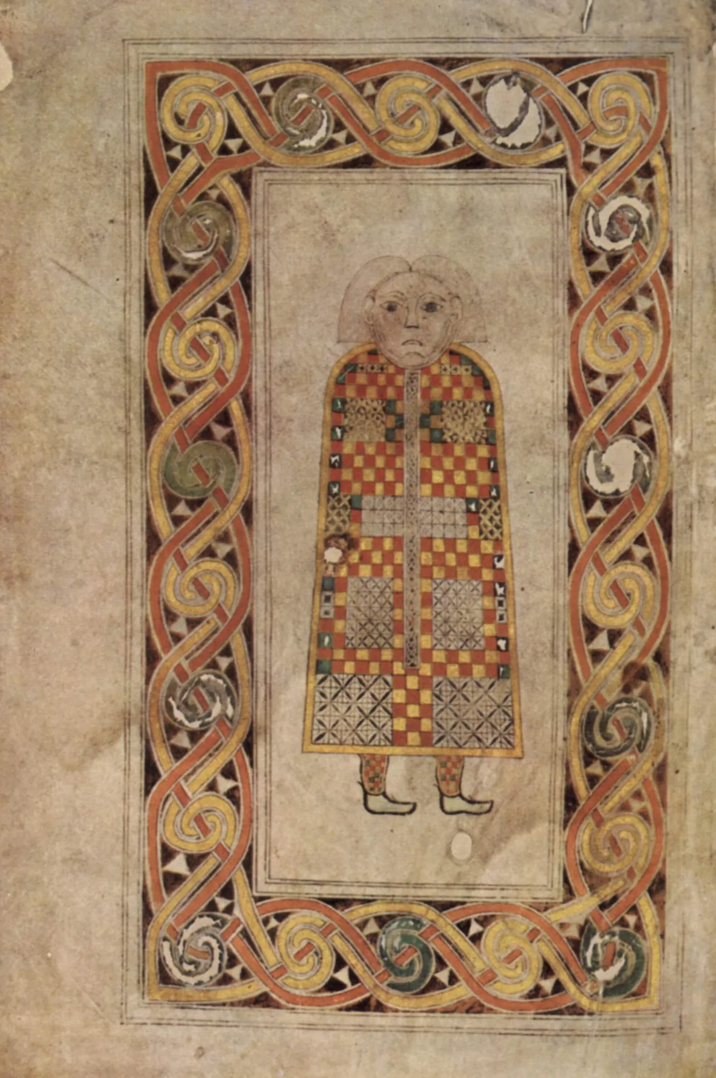 An evangelist portrait from the Book of Durrow, a seventh-century Insular Gospel book, framed by interlaced knotwork