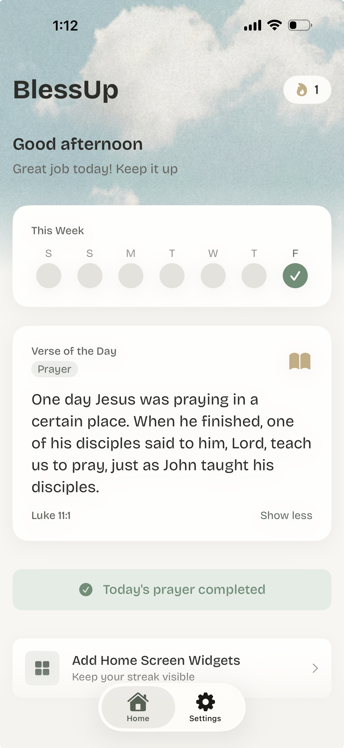 BlessUp home dashboard with prayer streak and verse of the day
